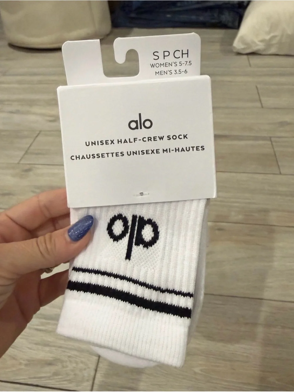 ALO Yoga White Half-Crew Socks with Black Stripes and Logo